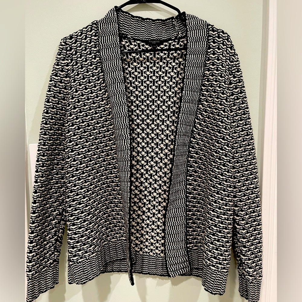 Talbots Petite black and white patterned cardigan size P; fits like a small.